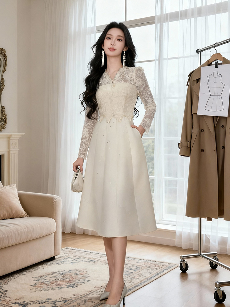 Lace pinched waist dress long formal dress for women