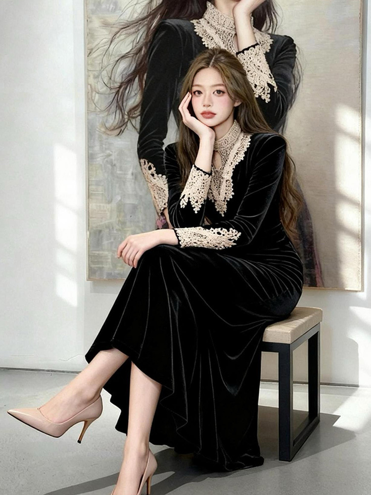 Cstand collar black long dress slim splice formal dress