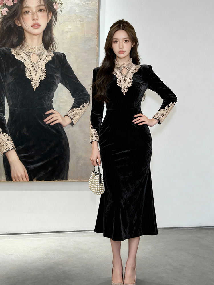 Cstand collar black long dress slim splice formal dress