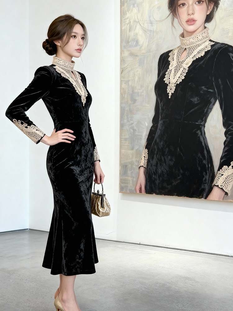 Cstand collar black long dress slim splice formal dress