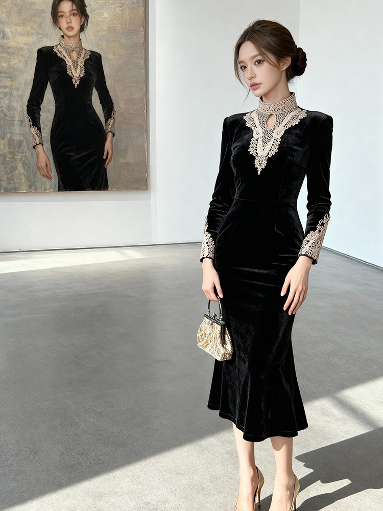 Cstand collar black long dress slim splice formal dress