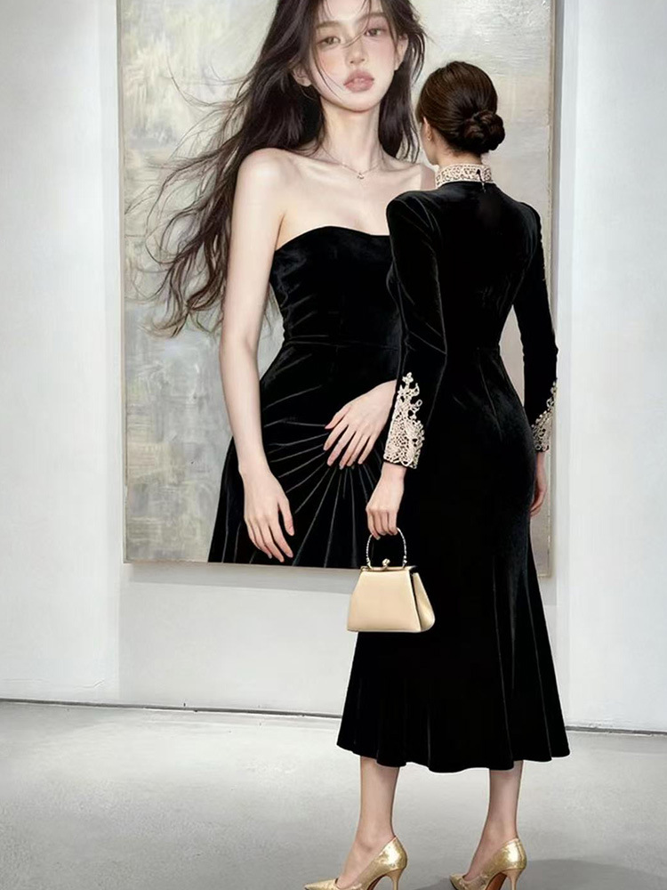 Cstand collar black long dress slim splice formal dress