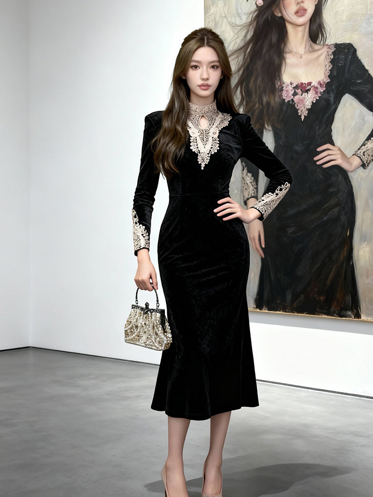 Cstand collar black long dress slim splice formal dress