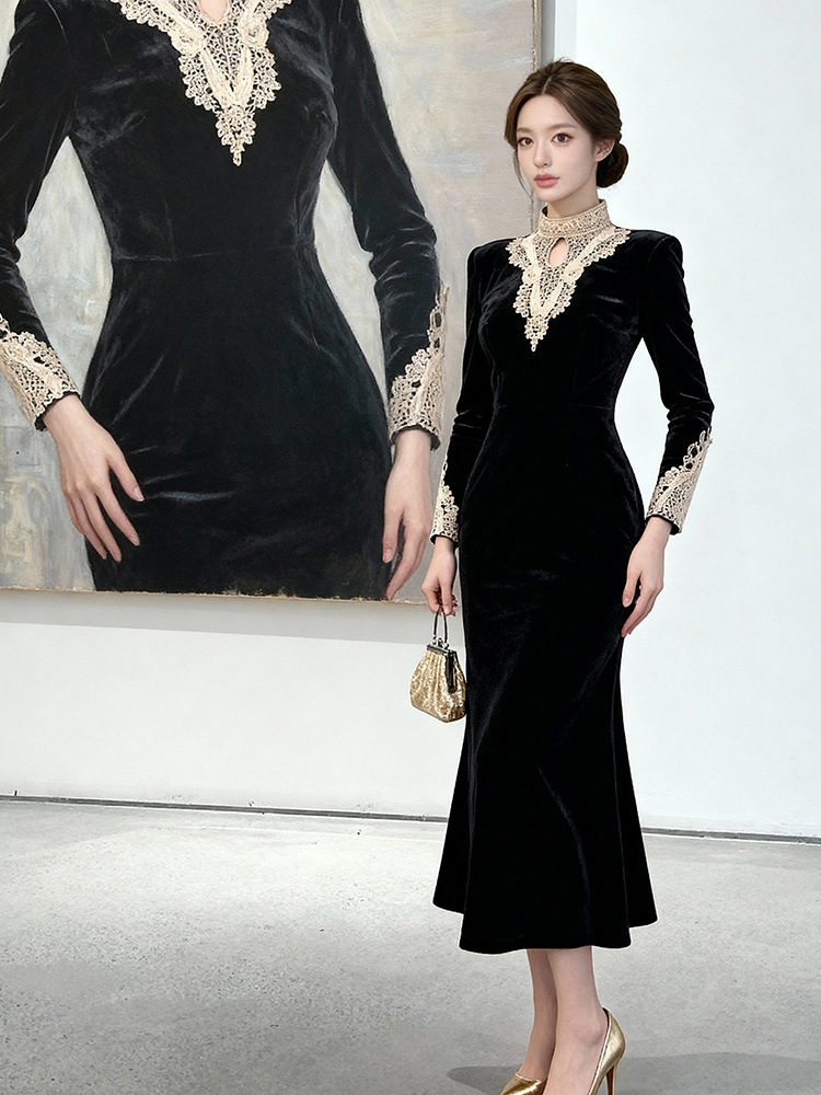 Cstand collar black long dress slim splice formal dress