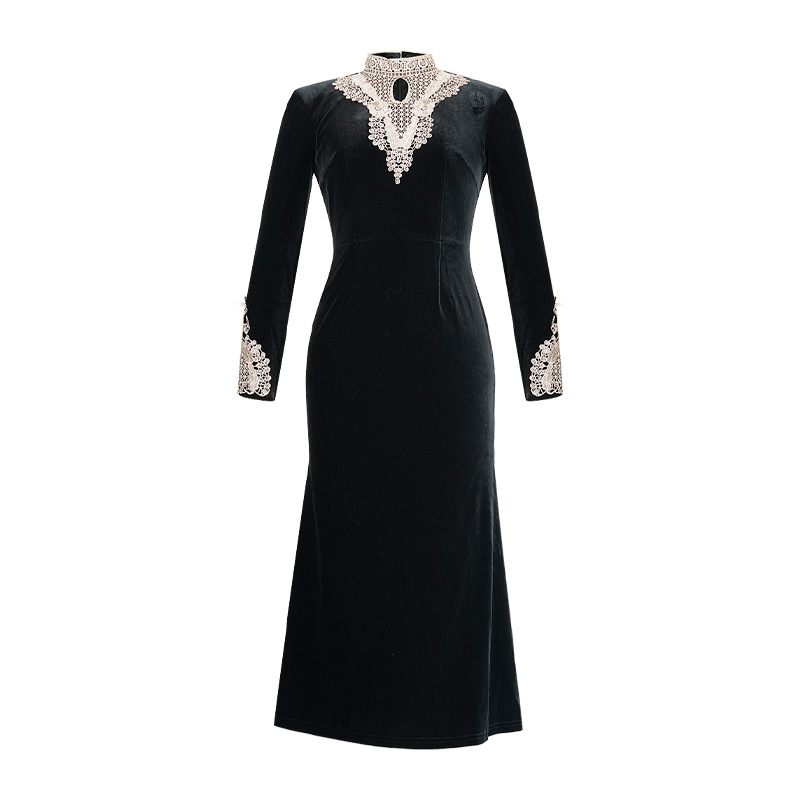 Cstand collar black long dress slim splice formal dress