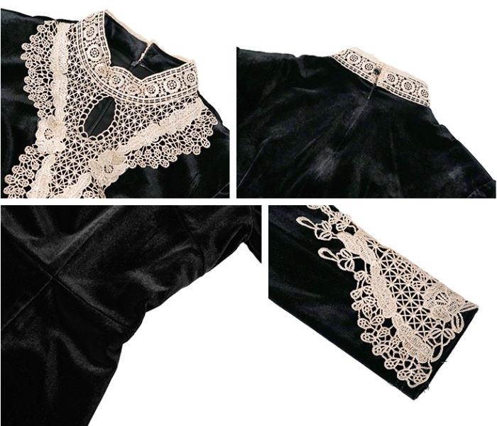 Cstand collar black long dress slim splice formal dress