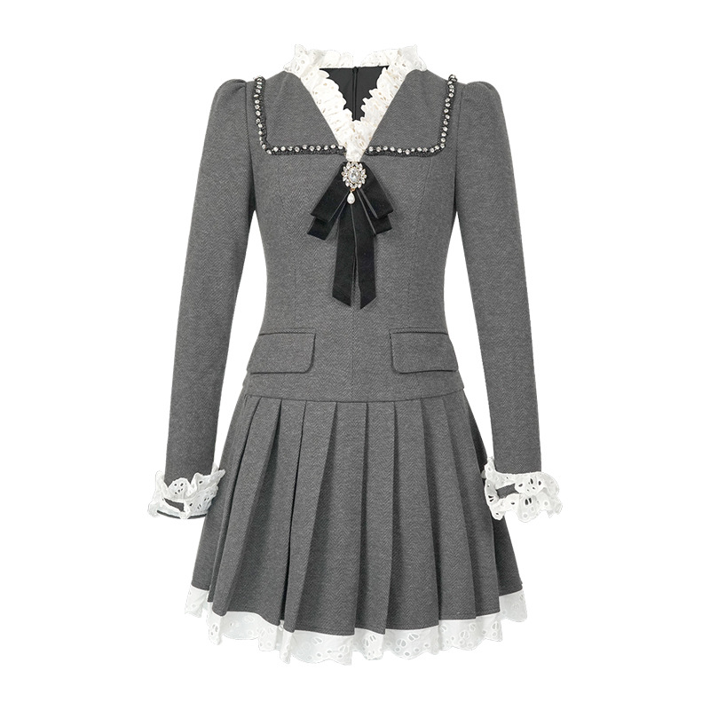 College style ladies splice T-back pleated lace dress