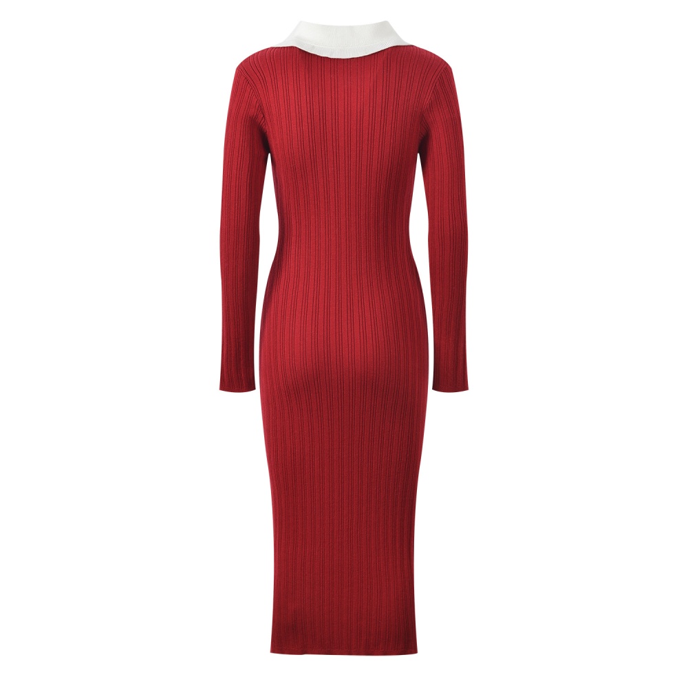 Doll collar mixed colors autumn and winter dress