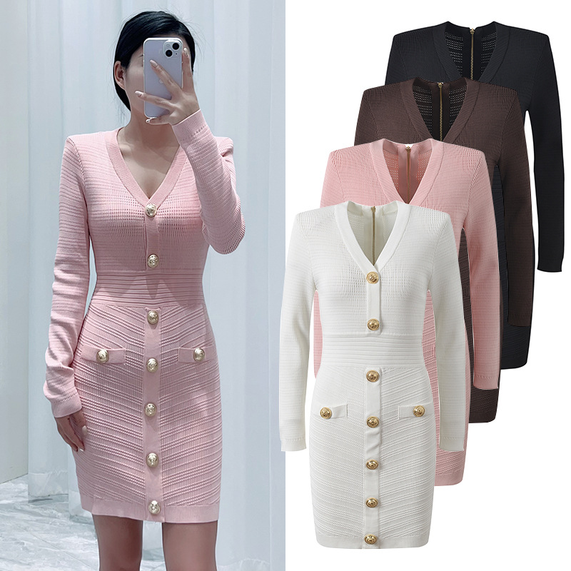 Metal buckles long sleeve slim package hip temperament dress