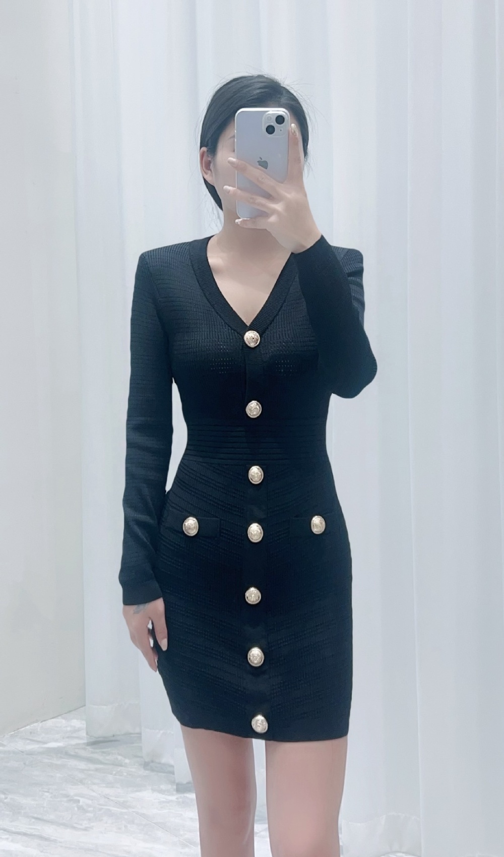 Metal buckles long sleeve slim package hip temperament dress