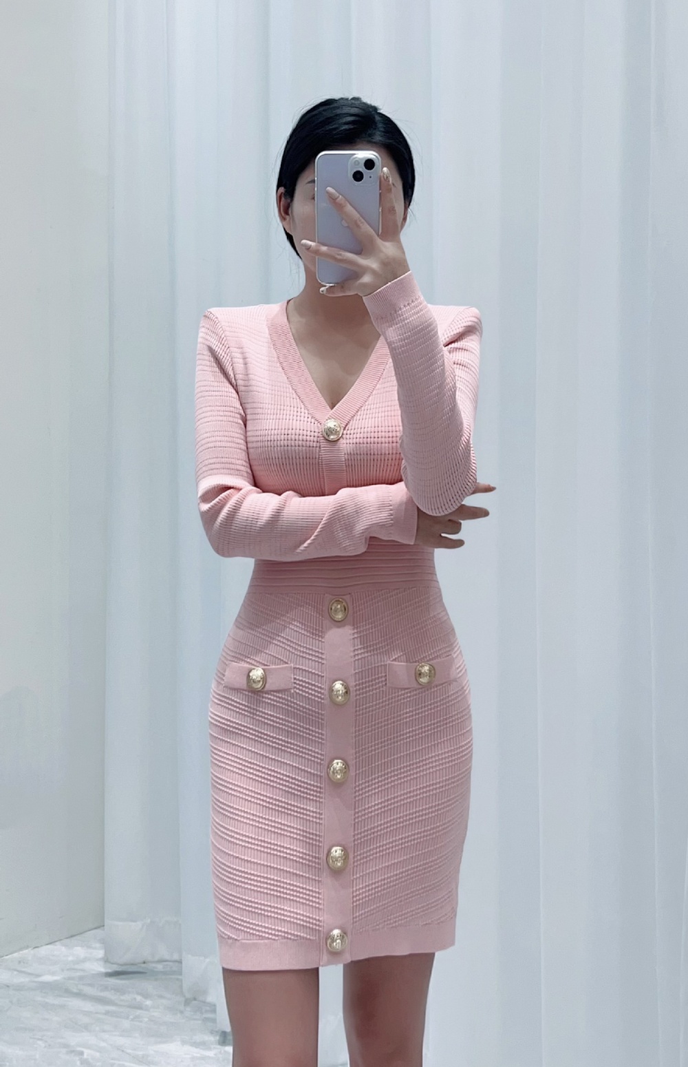 Metal buckles long sleeve slim package hip temperament dress