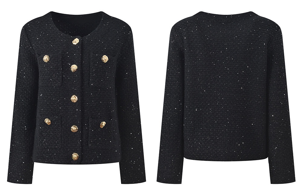 Short sequins cardigan metal buckles round neck coat