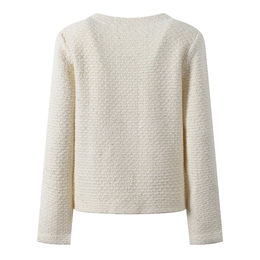 Short sequins cardigan metal buckles round neck coat