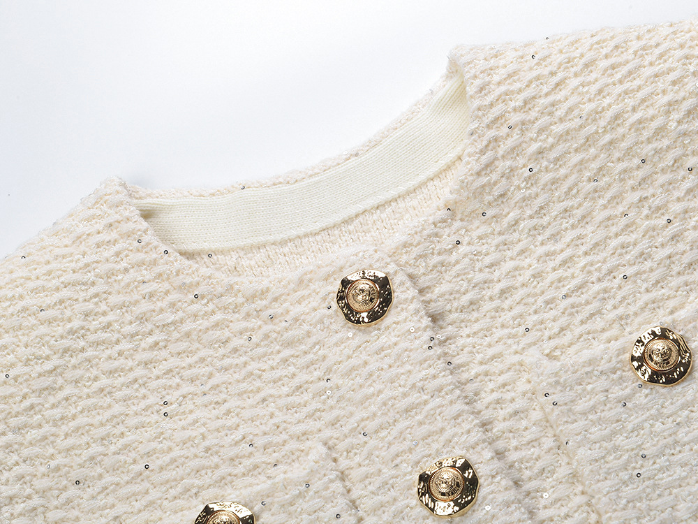 Short sequins cardigan metal buckles round neck coat
