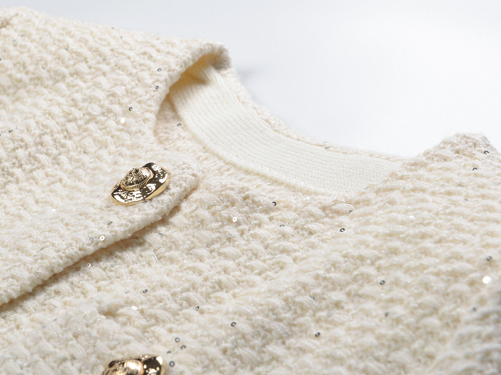 Short sequins cardigan metal buckles round neck coat