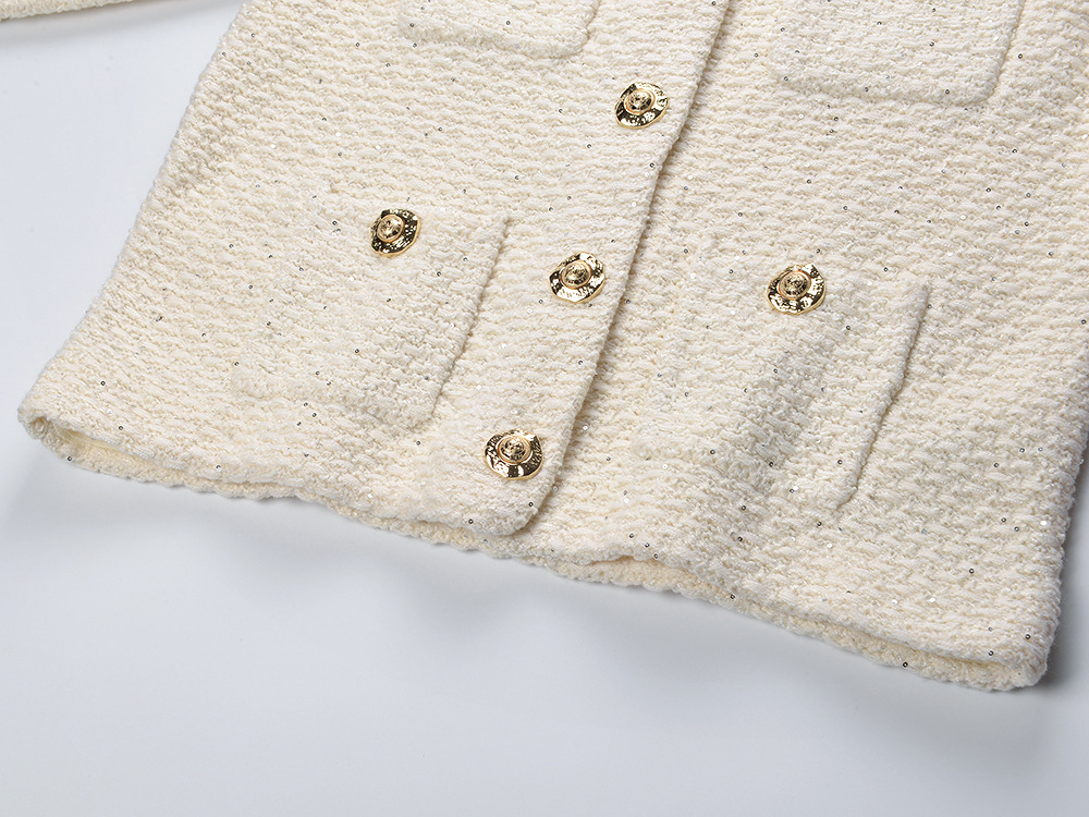 Short sequins cardigan metal buckles round neck coat