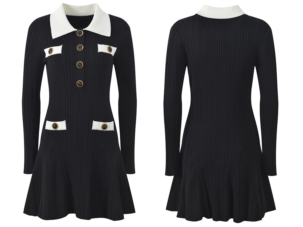 Single-breasted mixed colors knitted chanelstyle dress