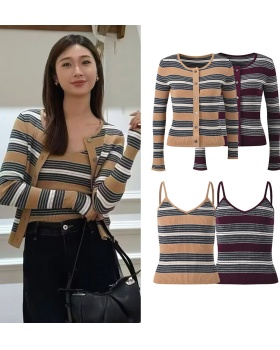 Stripe round neck autumn mixed colors knitted cardigan a set
