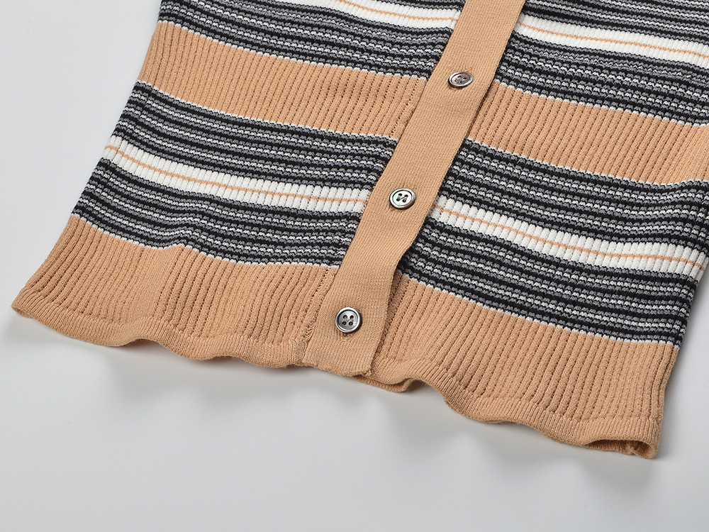 Stripe round neck autumn mixed colors knitted cardigan a set