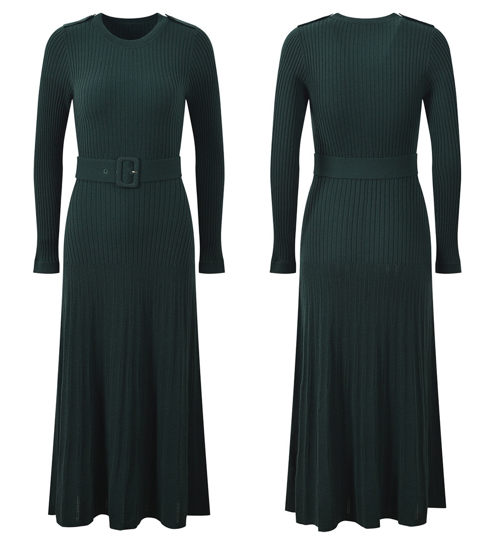 Round neck knitted dress autumn and winter fashion belt