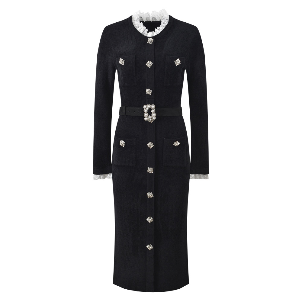 Black diamond belt temperament lace dress