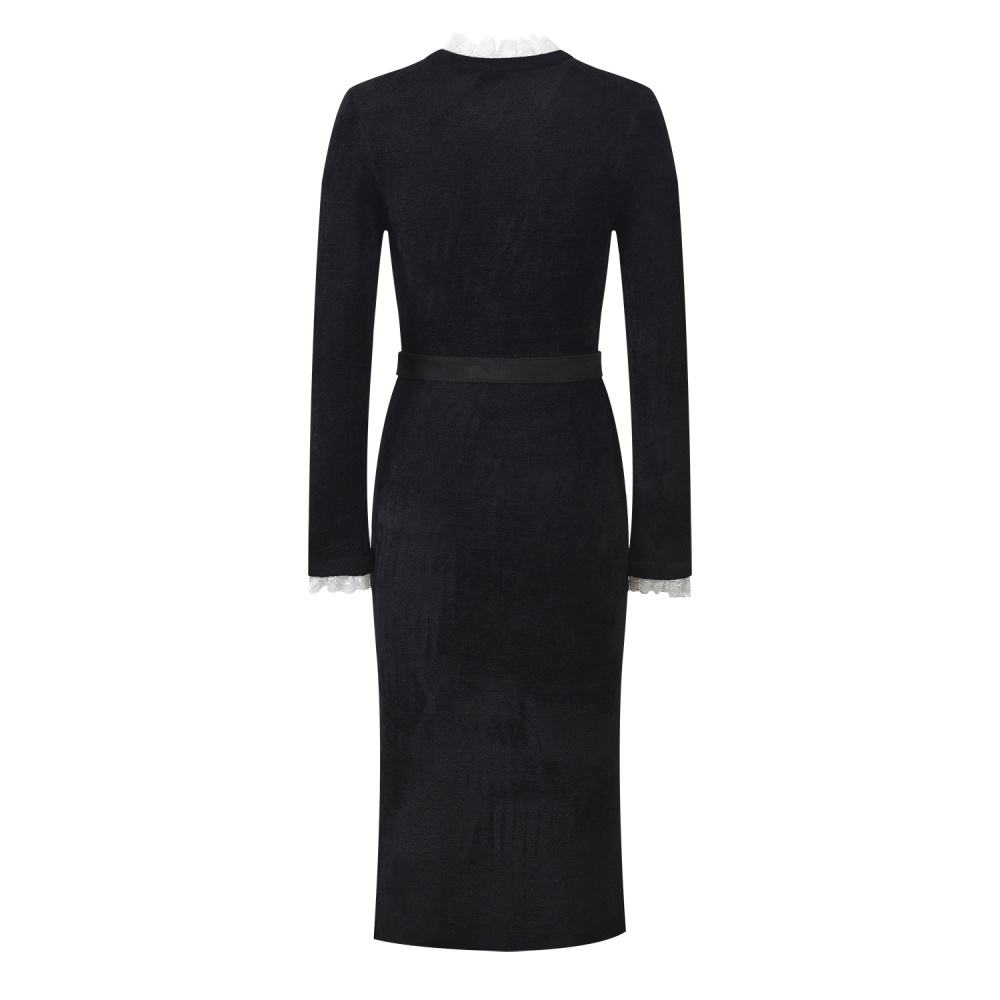 Black diamond belt temperament lace dress