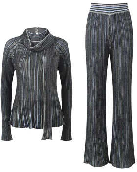Mixed colors sweater vertical bars wide leg pants a set