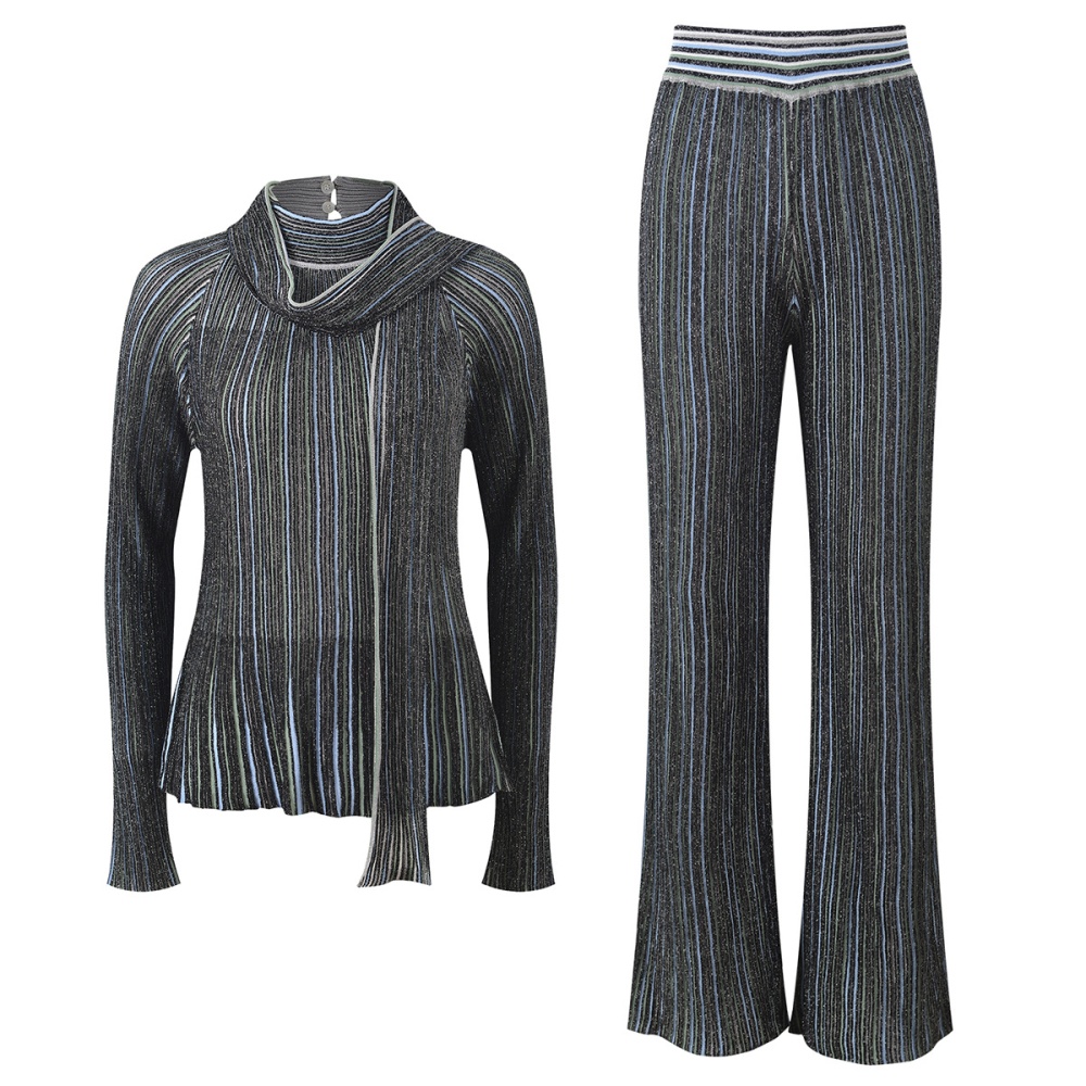 Mixed colors sweater vertical bars wide leg pants a set