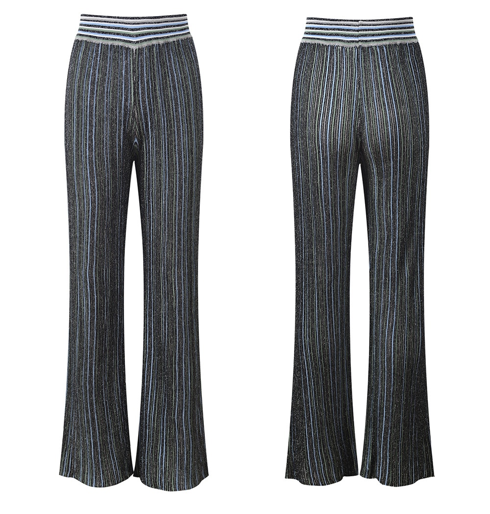 Mixed colors sweater vertical bars wide leg pants a set
