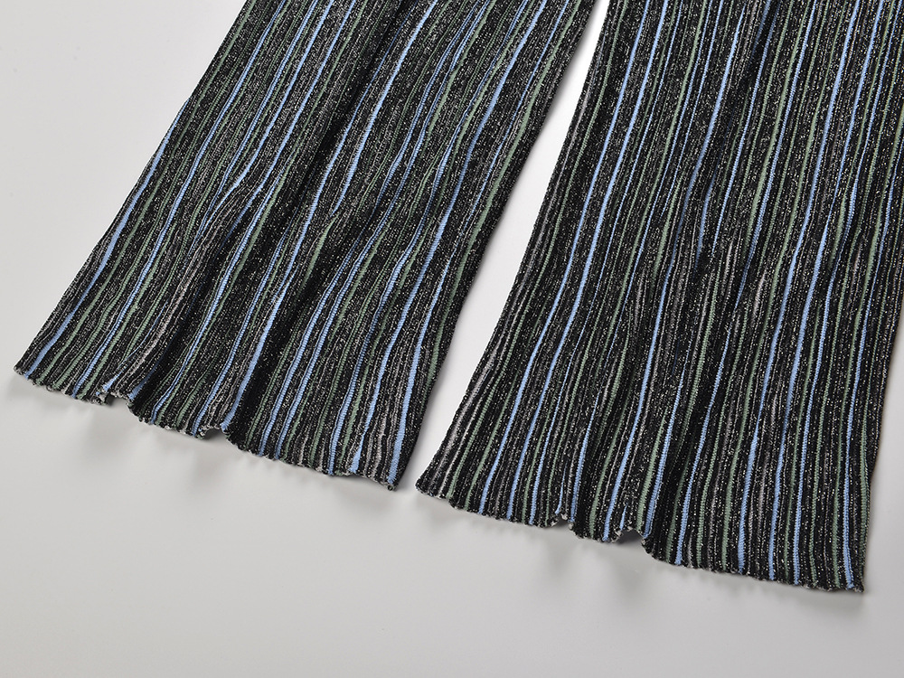 Mixed colors sweater vertical bars wide leg pants a set