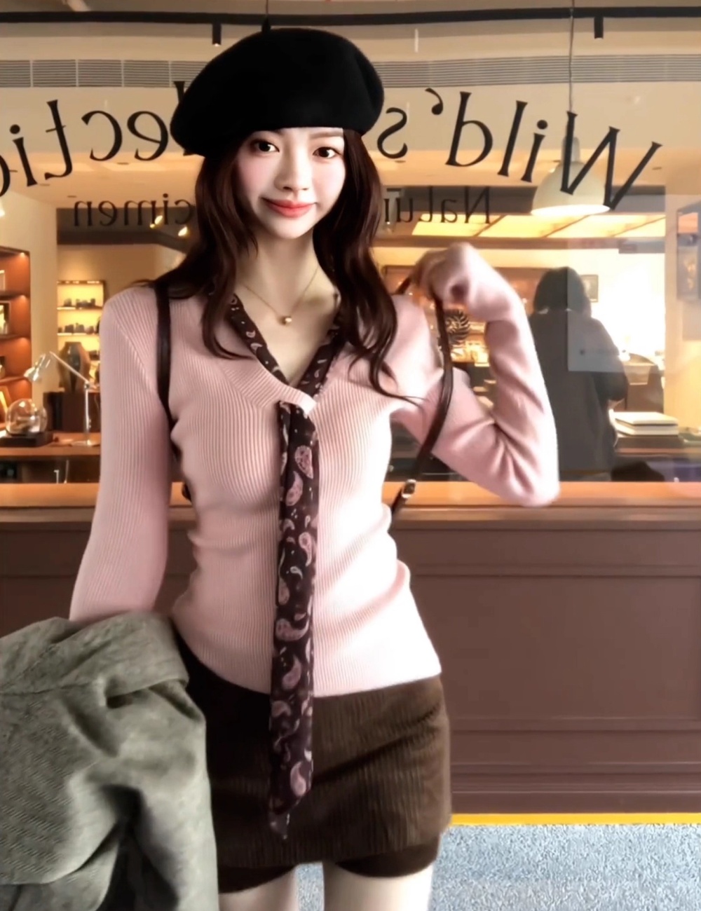 Knitted pink sweater slim autumn and winter tops