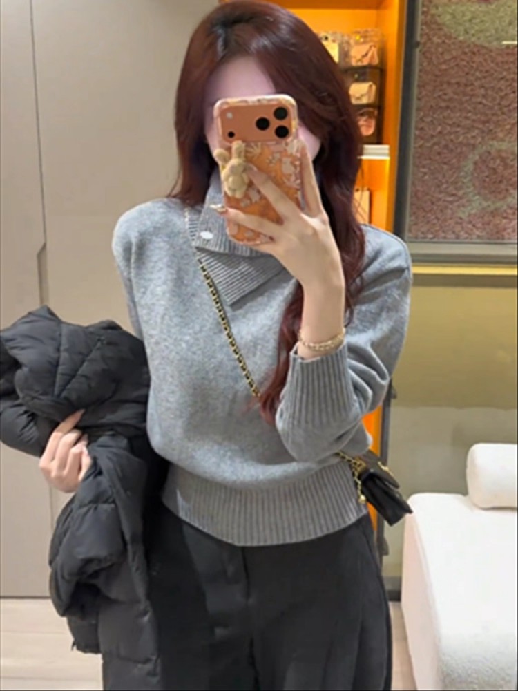 Western style irregular pure lapel sweater for women