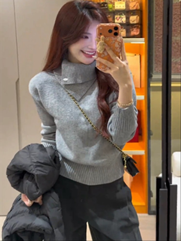 Western style irregular pure lapel sweater for women