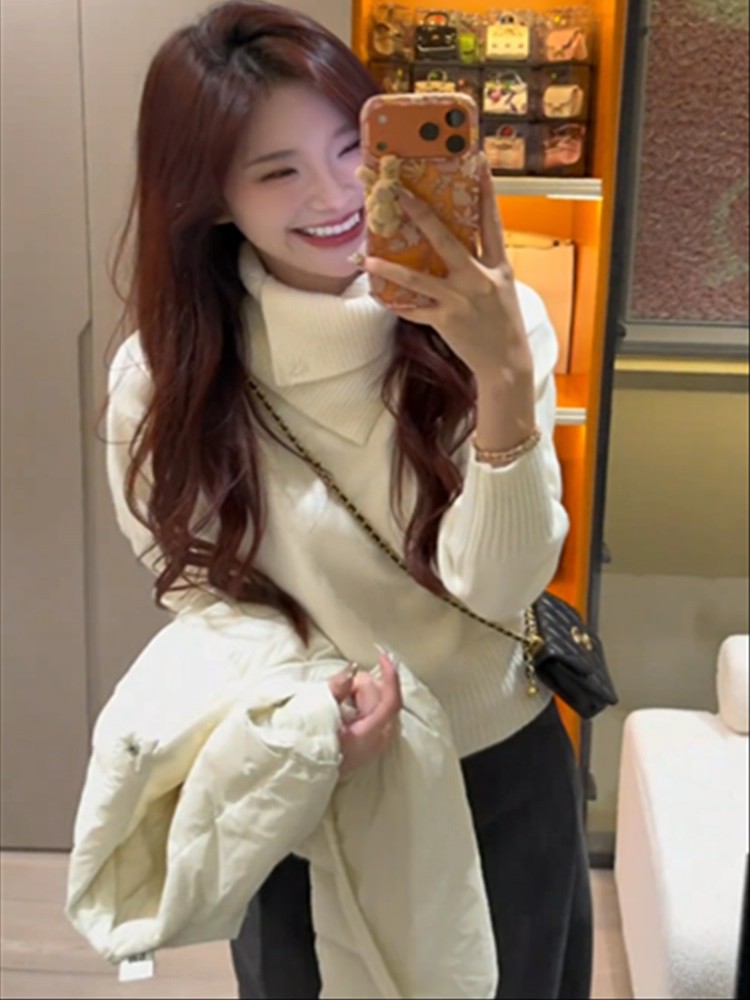 Western style irregular pure lapel sweater for women