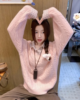 Autumn and winter splice tops pink shirt for women