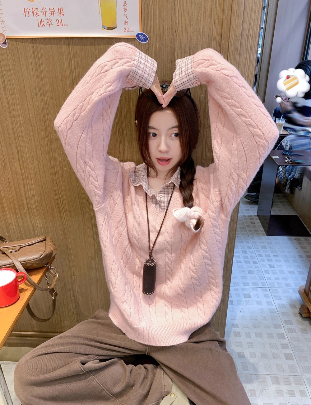 Autumn and winter splice tops pink shirt for women