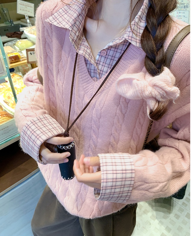 Autumn and winter splice tops pink shirt for women