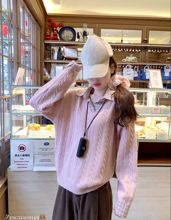 Autumn and winter splice tops pink shirt for women