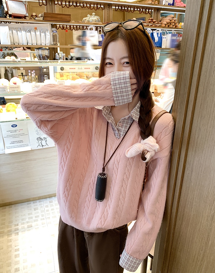 Autumn and winter splice tops pink shirt for women