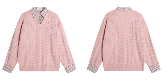 Autumn and winter splice tops pink shirt for women