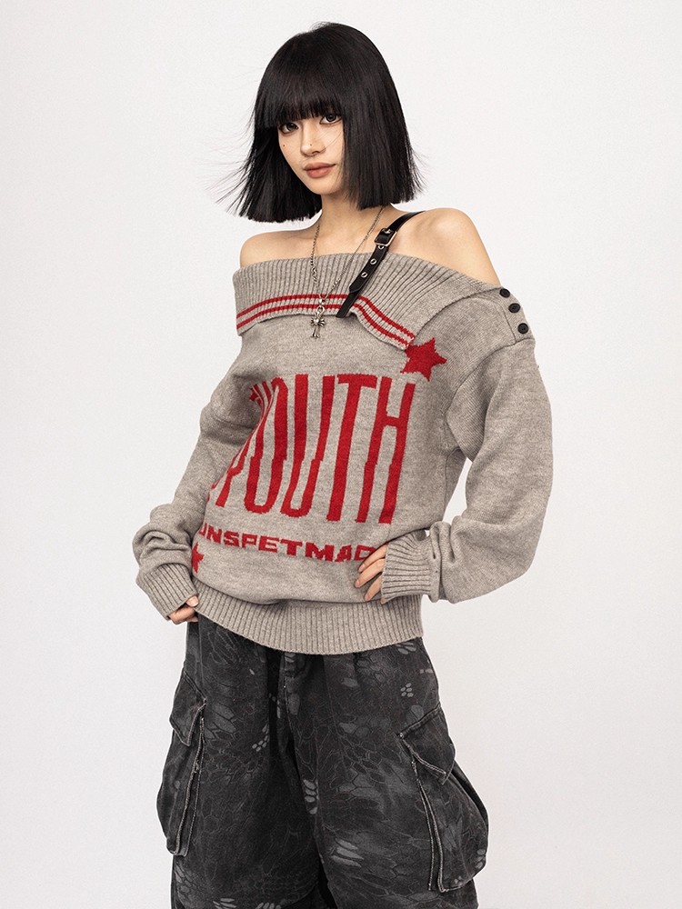 Loose retro cardigan gray American style sweater for women