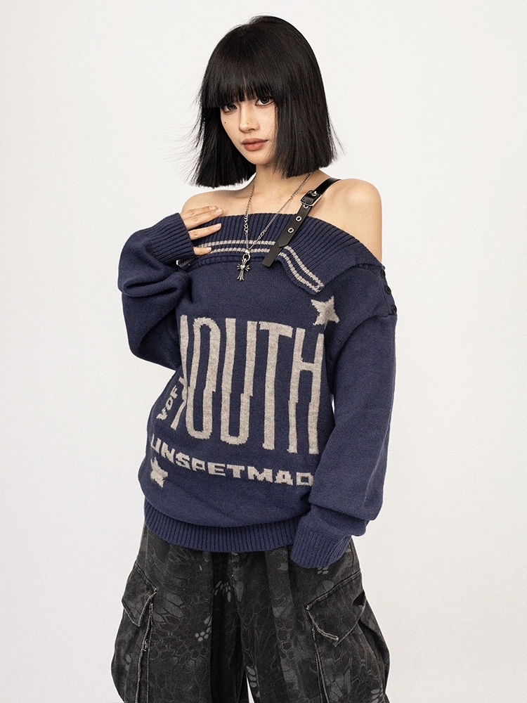 Loose retro cardigan gray American style sweater for women