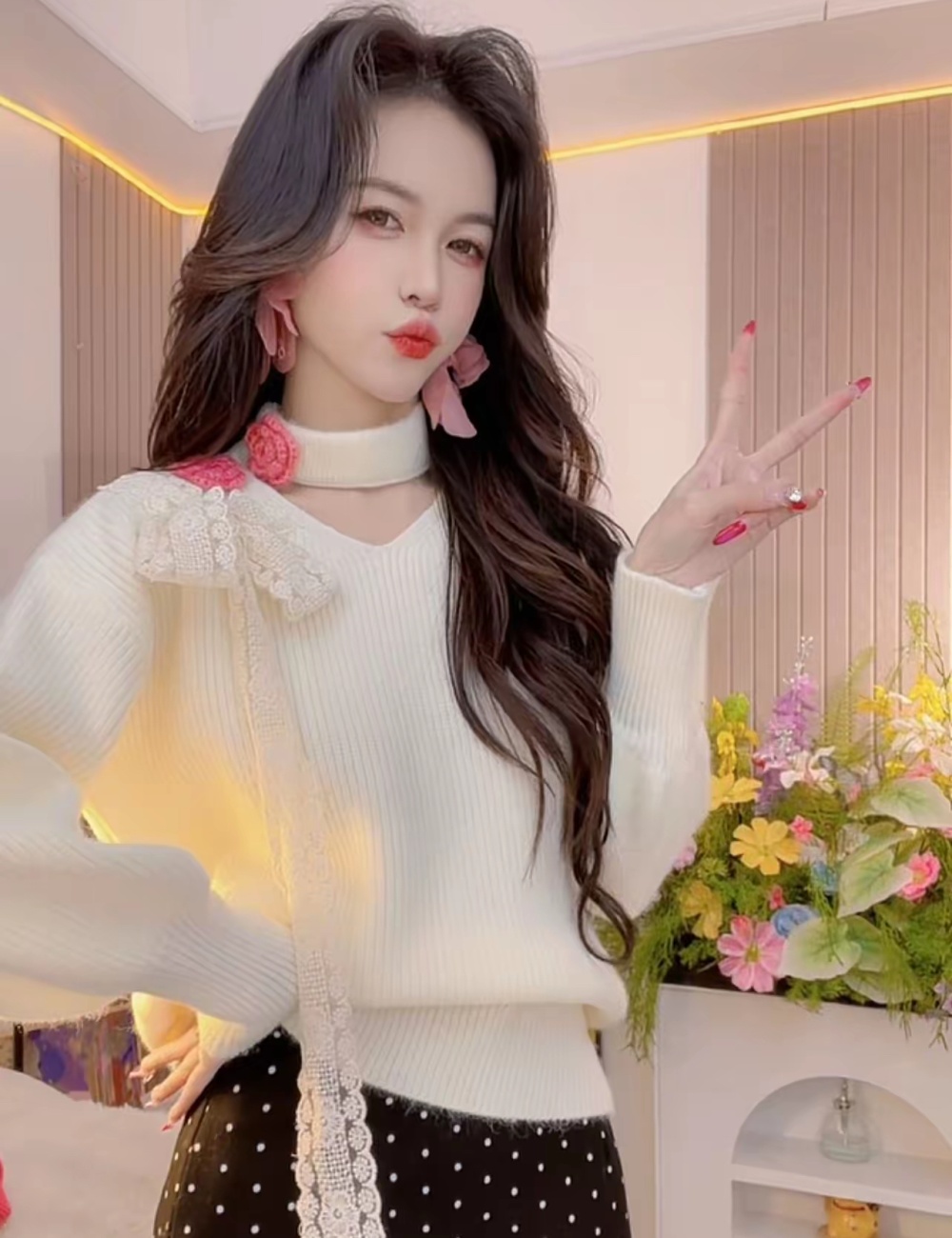 Korean style hollow flowers sweater for women