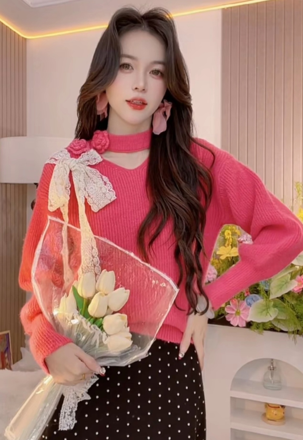 Korean style hollow flowers sweater for women