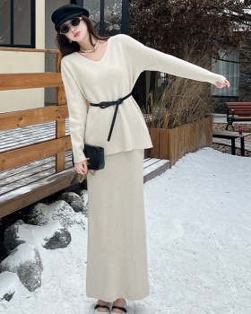 Fashion loose V-neck sweater lazy knitted tops 2pcs set