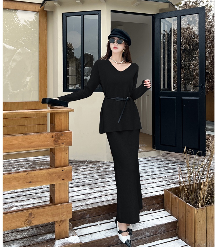 Fashion loose V-neck sweater lazy knitted tops 2pcs set