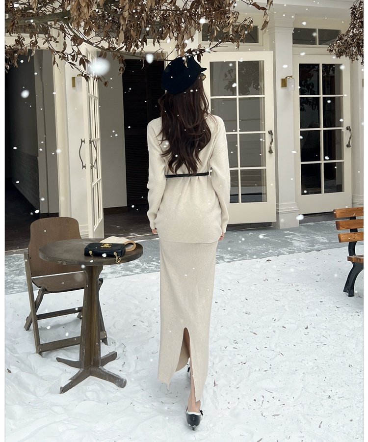 Fashion loose V-neck sweater lazy knitted tops 2pcs set