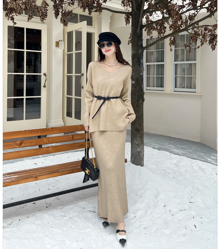 Fashion loose V-neck sweater lazy knitted tops 2pcs set