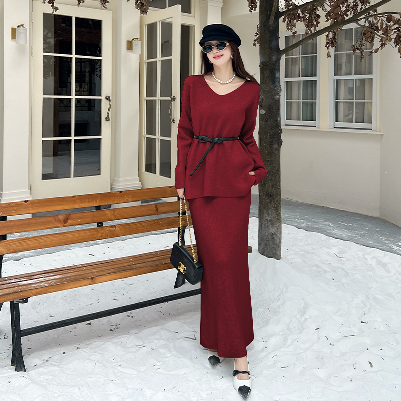 Fashion loose V-neck sweater lazy knitted tops 2pcs set