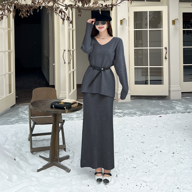 Fashion loose V-neck sweater lazy knitted tops 2pcs set